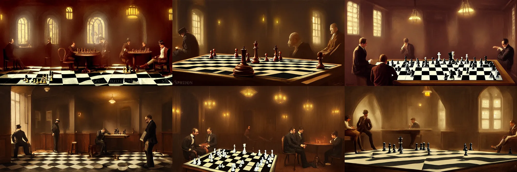 Prompt: indoor chessboard scene of two opponents in victorian smokers room, spectators, sparingly lit, 8K, low angle shot, detailed faces, victorian, highly detailed, cinematic lighting, digital art painting by greg rutkowski