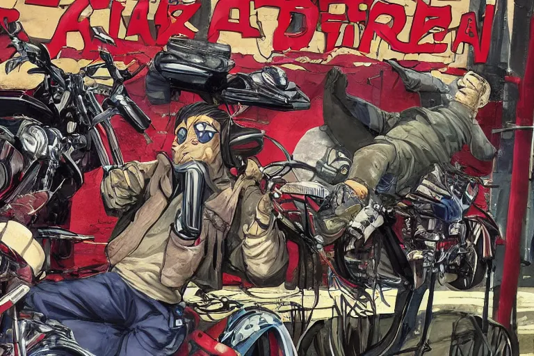 Image similar to pizza the hut, akira's motorcycle, gorillaz, poster, high quality