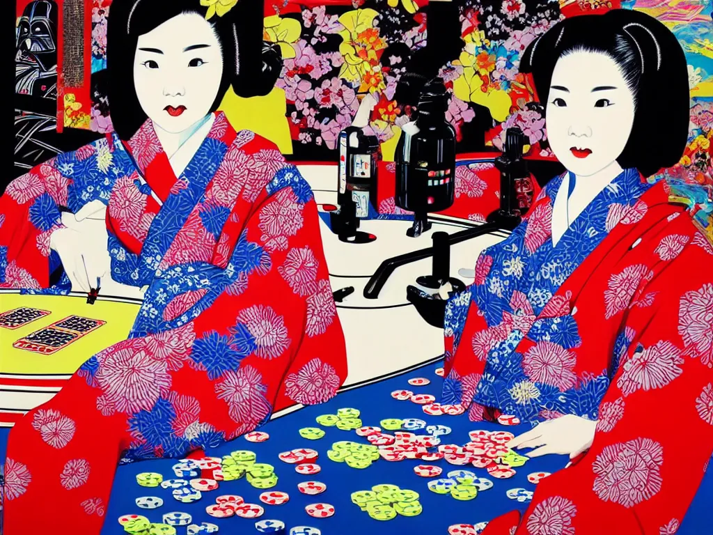 Image similar to hyperrealistic composition of the detailed woman in a japanese kimono sitting at a poker table with detailed darth vader, fireworks, mount fuji on the background, pop - art style, jacky tsai style, andy warhol style, acrylic on canvas