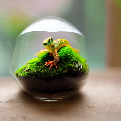 Prompt: gecko sitting inside a terrarium and moss around terrarium