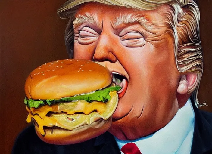 Image similar to realistic painting by jenny saville of!! donald trump!! licking a! cheeseburger!, art by jenny saville and tom bagshaw, detailed, sharp, smooth,! hamburger!