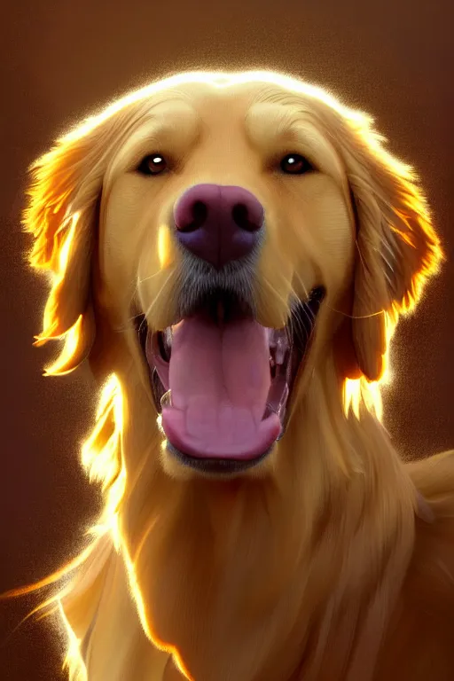 Prompt: clear portrait of a golden retriever, cottagecore!!, background hyper detailed, character concept, full body, dynamic pose, glowing lights!! intricate, elegant, highly detailed, digital painting, artstation, concept art, smooth, sharp focus, illustration, art by artgerm and greg rutkowski and alphonse mucha