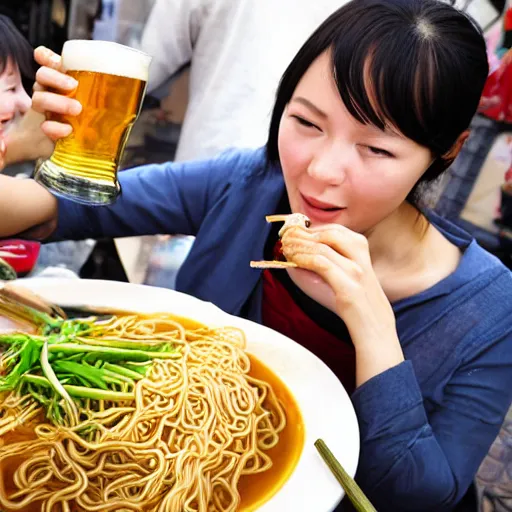 Image similar to chinese woman drinking beer and eating noodles with friends. shanghai. closeup