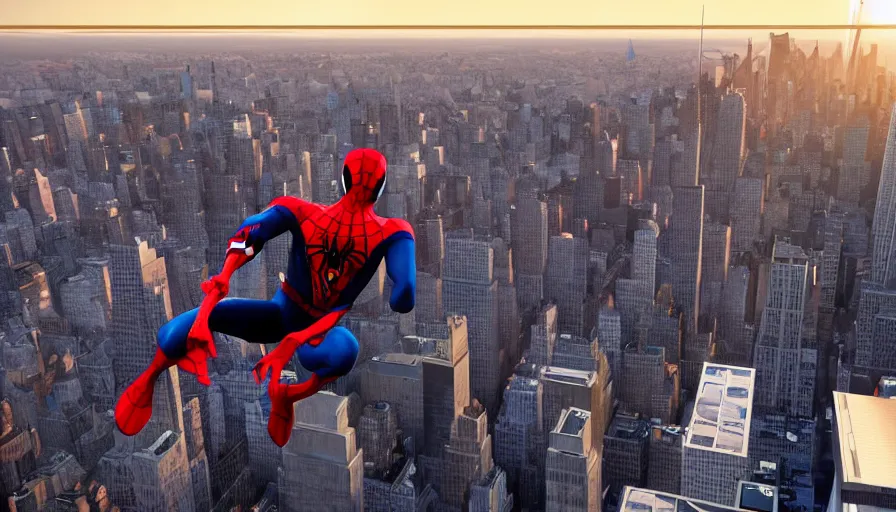 Image similar to spider - man on top of the empire state building in new york watching the sunset, unreal engine 5, render, cg society