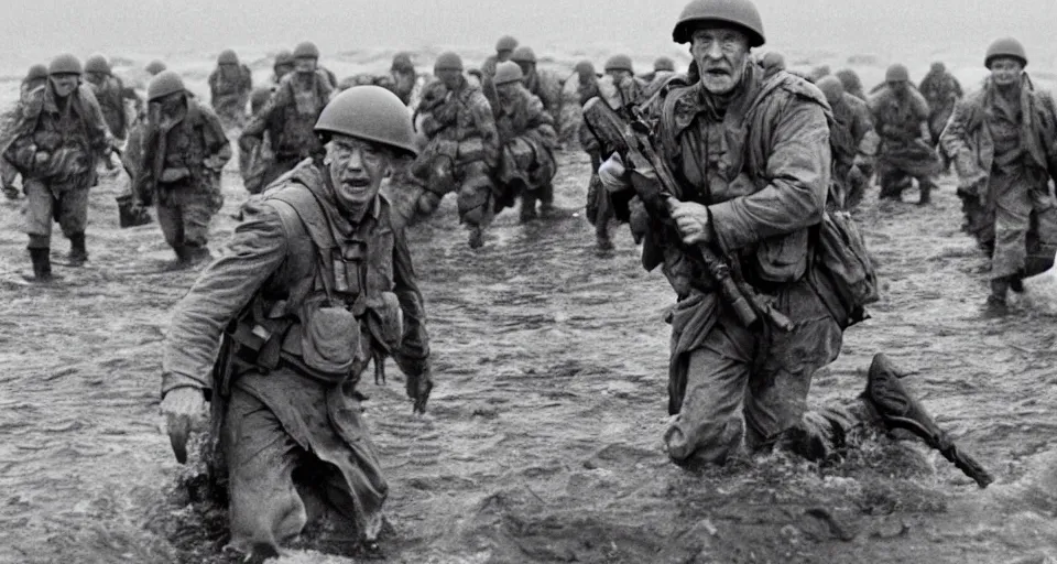 Image similar to Film still of Ian McKellan as a soldier storming beaches of Normandy in Saving Private Ryan