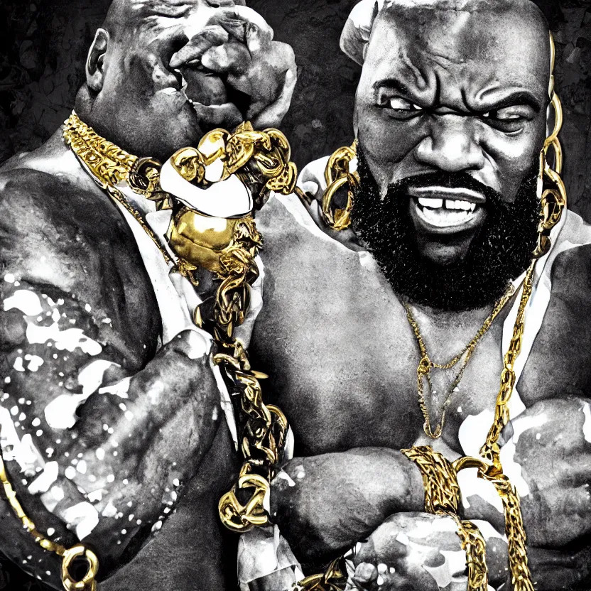 Prompt: mr. t pitying a fool, stylized photo, gold chains, stylized digital art