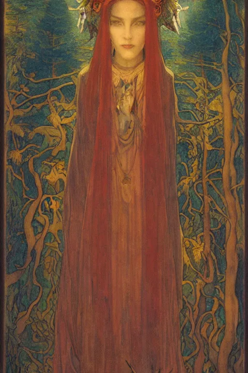 Image similar to queen of the forest with her lantern, by Annie Swynnerton and Nicholas Roerich and jean delville, dramatic cinematic lighting , ornate headdress , flowing robes, lost civilizations, extremely detailed