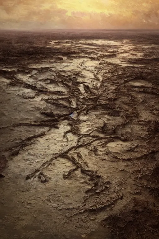 Image similar to muddy river leads to sea by hiroshi yoshida, marc simonetti, roger deakins, turner, rothko, hyperrealism, cinematic, rock plateau, dramatic stormy scene, sunset, matte painting, fluid simulation, tonalism, volumetric light, trending on artstation, 8 k high detail concept art, top view, rendered in octane