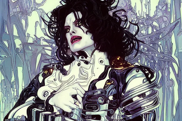 Image similar to comic book illustration, portrait of Edward Scissorhands, cyberpunk concept art by artgerm and Alphonse Mucha and Moebius, highly detailed, intricate, sci-fi, sharp focus, Trending on Artstation HQ, deviantart