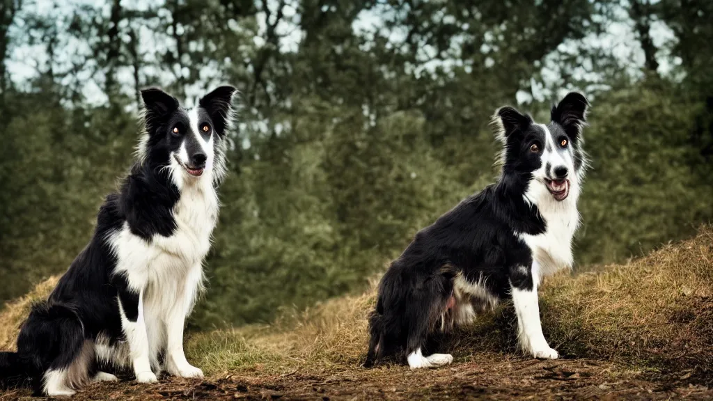 Image similar to Border Collie, splash art, movie still, cinematic lighting, dramatic, octane render, long lens, shallow depth of field, bokeh, anamorphic lens flare, 8k, hyper detailed, 35mm film grain