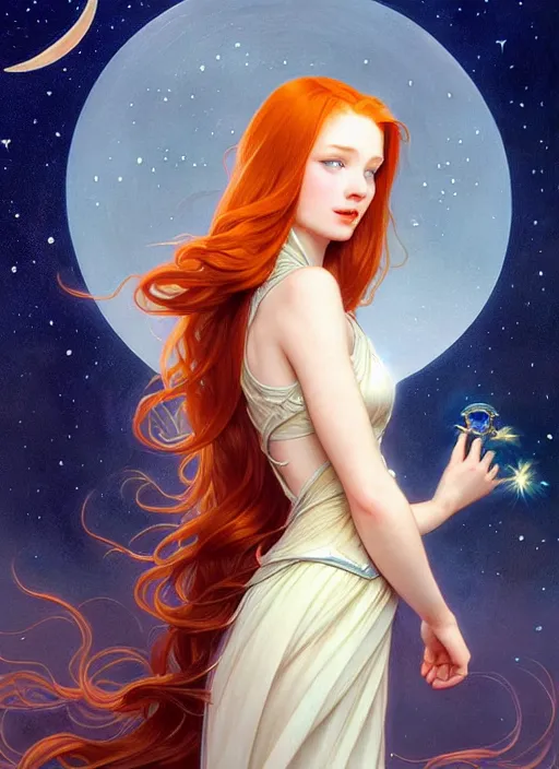 Prompt: beautiful redhead girl surrounded by starlight, eyes closed, moon behind her, holding a fairy in her hand, shiny, fantasy, int ricate, elegant, hyper detailed, ultra definition, photoreal, artstation, unreal engine rendered, concept art, smooth, sharp focus, illustration, art by artgerm and greg rutkowski and alphonse mucha and garis edelweiss