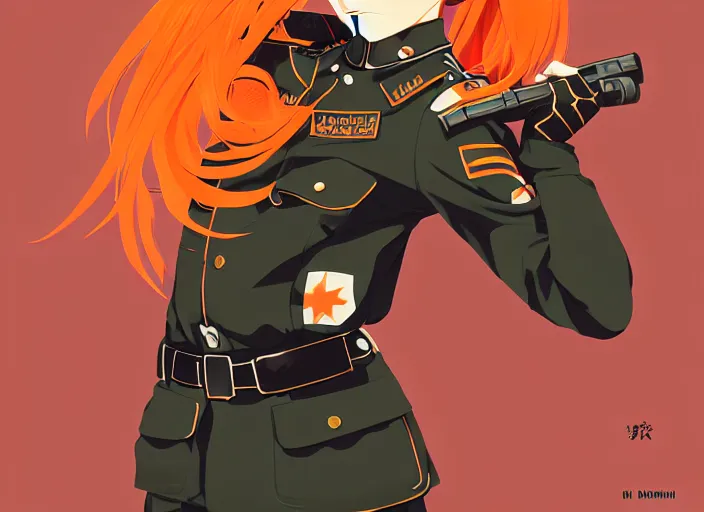 Image similar to anime girl with orange hair in the soviet military form, manga, katsura masakazu, intricate, detailed, studio lighting, gradation, editorial illustration, matte print, ilya kuvshinov, concept art, digital