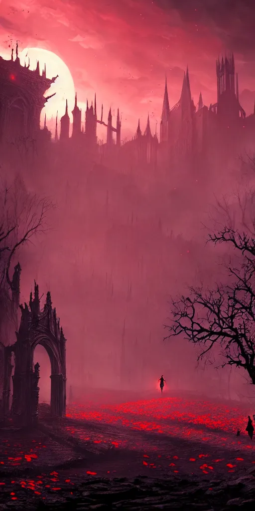 Prompt: abandoned bloodborne old valley with a obscure person at the centre and a ruined gothic city in the background, trees and stars in the background, falling red petals, epic red - orange moonlight, perfect lightning, wallpaper illustration by niko delort and kentaro miura, 4 k | 8 k, ultra realistic