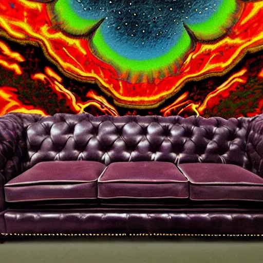 Prompt: couch sofa chesterfield flying through space psychedelic trippy eldritch horror cartoon