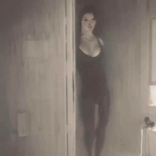 Image similar to stoya realistic expired kodak film full body portrait of an woman in sauna wearing a towel, hyperrealism, hypermaxiymalism, photorealistic, detailed, atmospheric, 8 k, award winning photography, cinematic