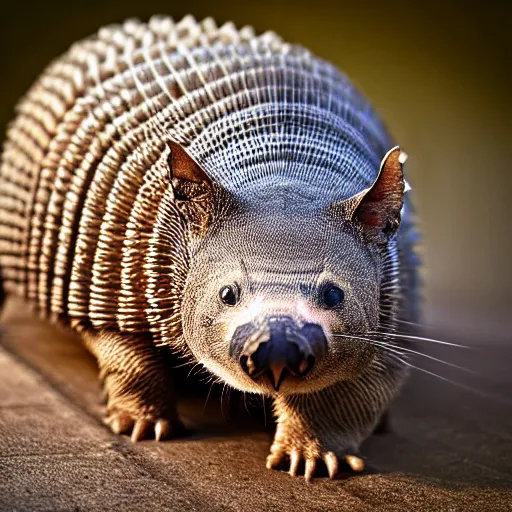 Prompt: an cat - armadillo - hybrid, animal photography