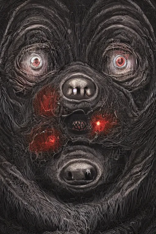 Image similar to portrait of a creepy horror teddy bear . intricate abstract. intricate artwork. nightmare fuel. terrifying. by Tooth Wu, wlop, beeple, dan mumford , trending on artstation, greg rutkowski very coherent symmetrical artwork. cinematic, hyper realism, high detail, octane render, 8k, iridescent accents