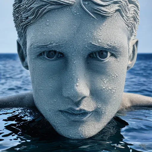 Image similar to a water manipulation sculpture in the shape of a human head, on the ocean water, cinematic, in the style of johnson tsang, long shot, hyper detailed, hyper realistic, ray tracing, 8 k resolution, sharp focus, realistic water, artstation