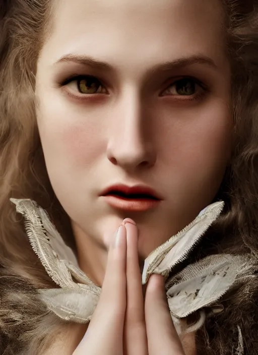 Prompt: closeup portrait of a young female vampire, depth of field, zeiss lens, detailed, symmetrical, centered, fashion photoshoot, by Annie Leibovitz and Steve McCurry, David Lazar, Jimmy Nelsson, Breathtaking, 8k resolution, extremely detailed, beautiful, establishing shot, artistic, hyperrealistic, beautiful face, octane render