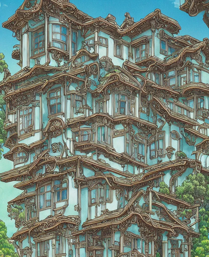 Prompt: 35mm photography of a single white studio ghibli house in the style of alex grey, ornate details and realistic windows”