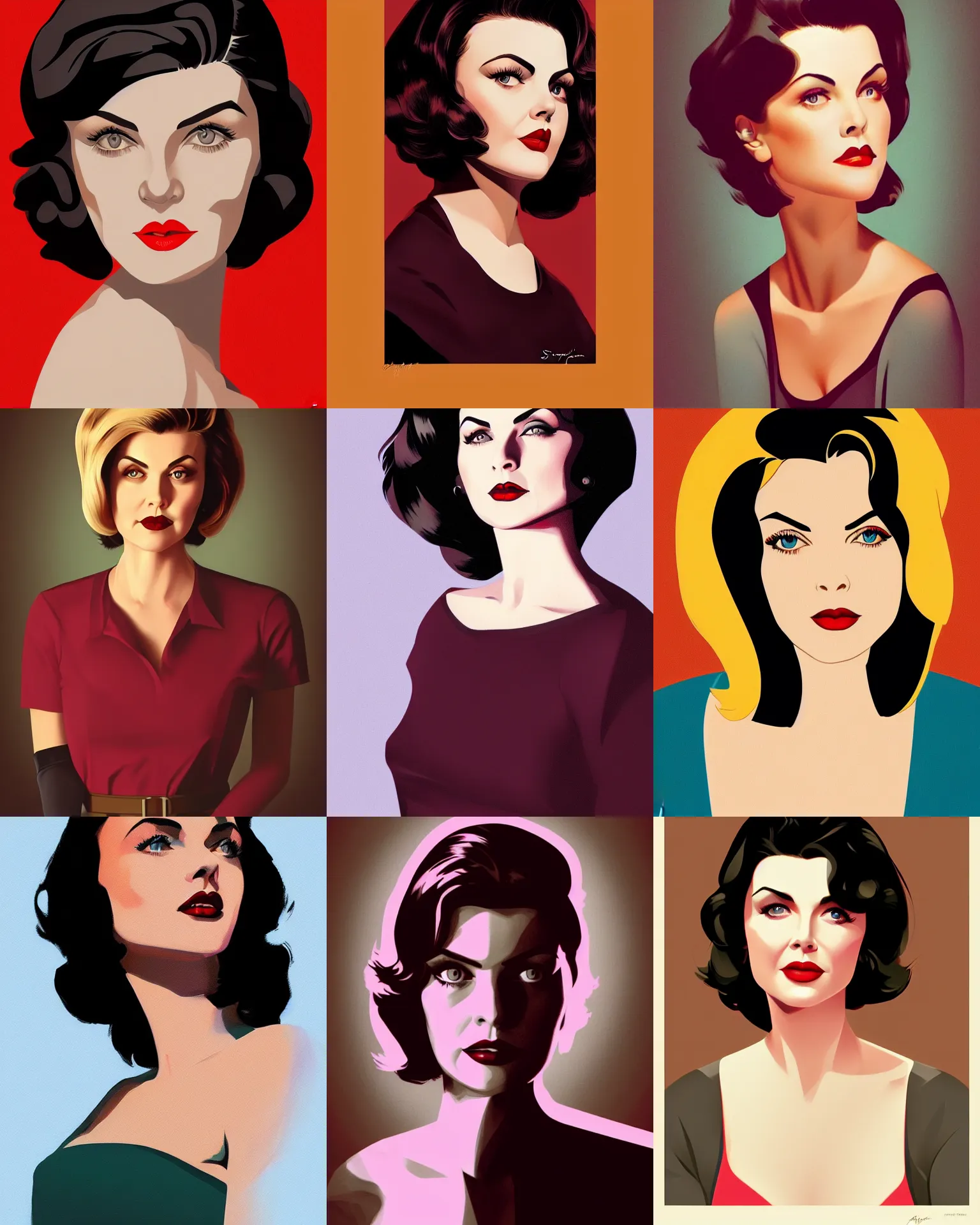 Prompt: sherilyn fenn 2 6 years old, waitress, twin peaks, bob haircut, portrait by stanley artgerm, dramatic lighting, ilya kuvshinov, trending on artstation, flat colour, geometric curves, gradient filter, pleasing tone colours, art deco patterns