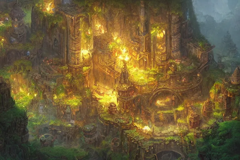 Prompt: an intricate matte painting of top down wild flourescent complex wimmelbild illustration of dungeon rpg megadungeon map,very clear image, no blur, by Christophe Vacher and Bastien Lecouffe-Deharme, trending on artstation