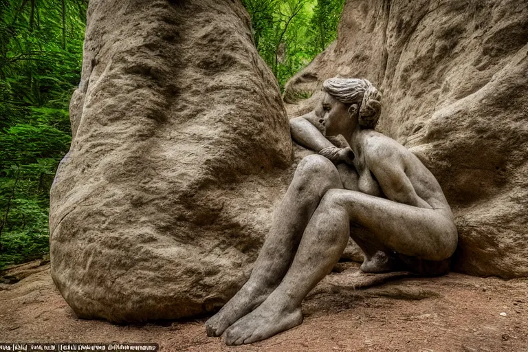 Image similar to high quality beauty statue sitting at the entrance of a huge cave in the middle of a forrest, highly detailed, cinematic smooth, stephen shore & john j. park, soft morning light, wide shot, high angle, uhd 8 k, deep focus