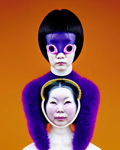 Image similar to symmetrical portrait of an asian woman wearing a silicone embroidered purple beauty mask and white hair buns, wearing a black bodysuit by alexander mcqueen, cream white background, soft light, biotechnology, humanoide robot, bjork aesthetic, translucent, by rineke dijkstra, intricate details, highly detailed, masterpiece,