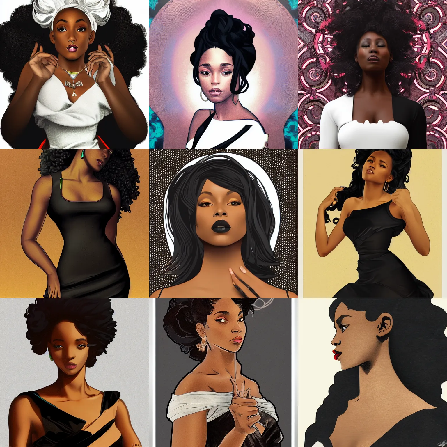 Prompt: beautiful black woman in a black cutout dress with white trim, as seen on artgerm, octane render, in the style of alphonse mucha, ultra realistic, highly detailed, 8 k