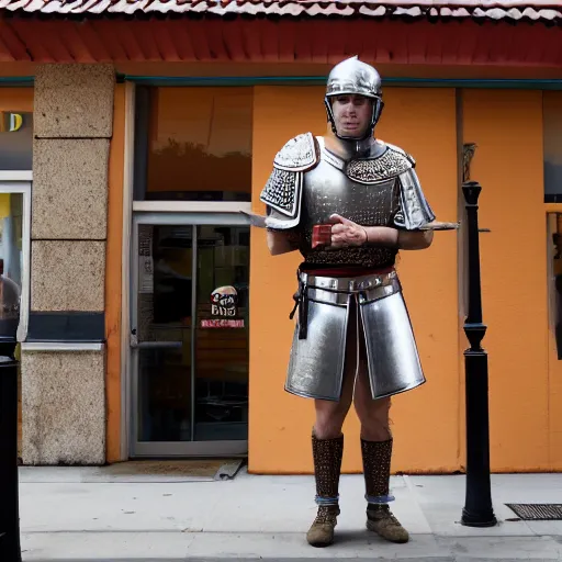 Image similar to cinematic shot of julius caesar wearing roman armor and standing outside of a dunkin donuts store, 8 k, very detailed, very intricate,