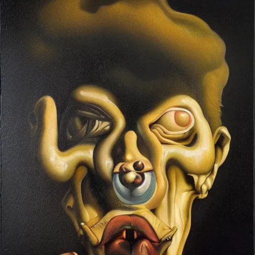 Image similar to oil painting with black background by christian rex van dali todd schorr of a chiaroscuro portrait of an extremely bizarre disturbing mutated man with acne intense chiaroscuro obscuring features lighting perfect composition masterpiece