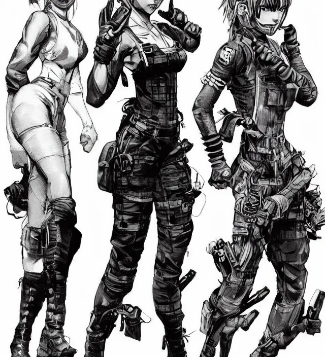 Image similar to full body pose, hd, manga anime portrait of a beautiful woman in combat boots and overalls, in ishikawa ken frank miller jim lee alex ross style detailed trending award winning on flickr artstation,