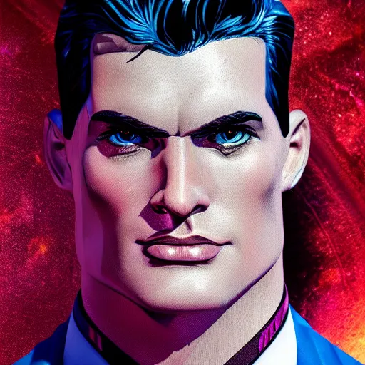 Image similar to superman cartoon portrait made out of rain, pinstripe suit, short blond hair, galactic background, rendered in octane, unreal engine, highly detailed, trending on artstation, realistic, splashes of neon, beautiful