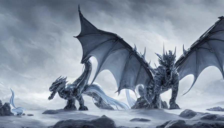 Prompt: epic ice dragon with trendy shapes in a nordic landscape under bright daylight with fluffy clouds, set in the words of the Forgotten Realms and Guildwars2, painted by Hans Fredrik Gude, Greg Rutkowksi and Artgerm, concept art 2022, ultra realistic masterpiece, contrasting details vs blank areas, oil on canvas