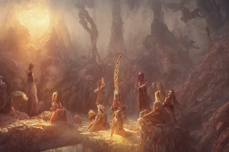 Prompt: the muses. sacred singers they who took up the strings of the deep ocean kraken, and turned the cacophony of an angry world into songs of unity and peace. morning lighting hopeful, sun beams cinematic fantasy painting, dungeons and dragons, jessica rossier and brian froud