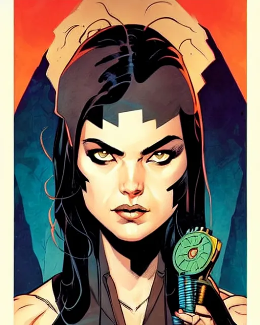 Image similar to mike mignola and sandra chevrier comic cover art, full body cute young lady, symmetrical eyes, bangs, rim lighting, vivid colors