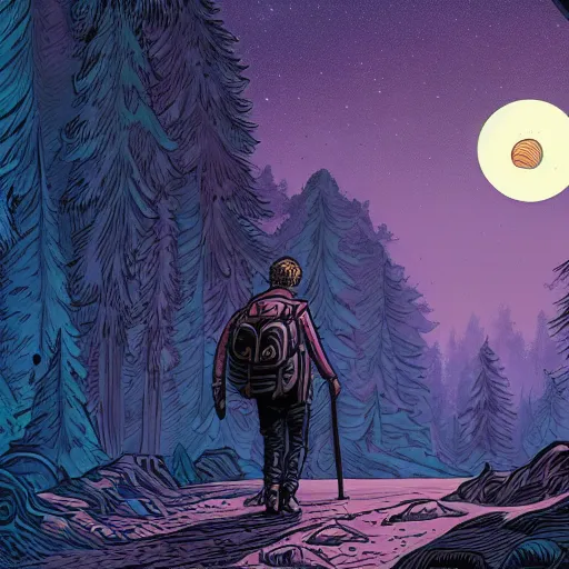 Image similar to weary traveller wandering through an alien world, by dan mumford, 4 k, beautiful, cinematic dramatic