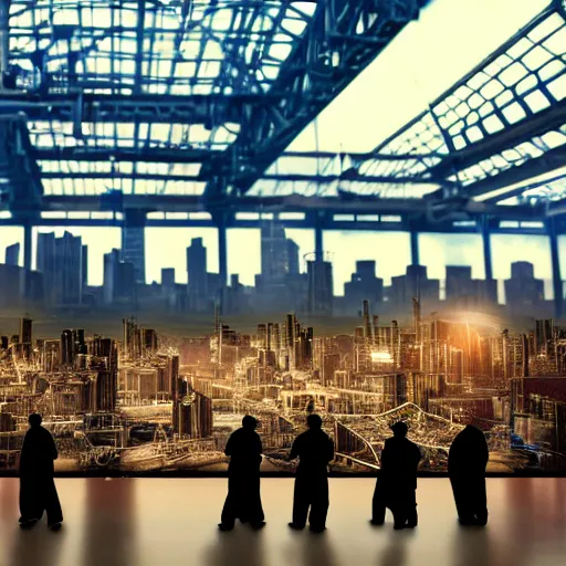 Prompt: large group people in open warehouse, looking at hologram of futuristic city on a table, cinematic still, godrays, golden hour, natural sunlight, 4 k, clear details, tabletop model buildings, tabletop model, ethereal hologram center, crane shot, crane shot, crane shot