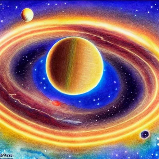 Image similar to Accurate and realistic representation of two colliding planets. Incredible. Epic composition. Harmonic colored disposition, expertly blended and shaded. HD. 8k. 4.k HQ. UHD . Colored pencils and color inks on two joined sheets of paper