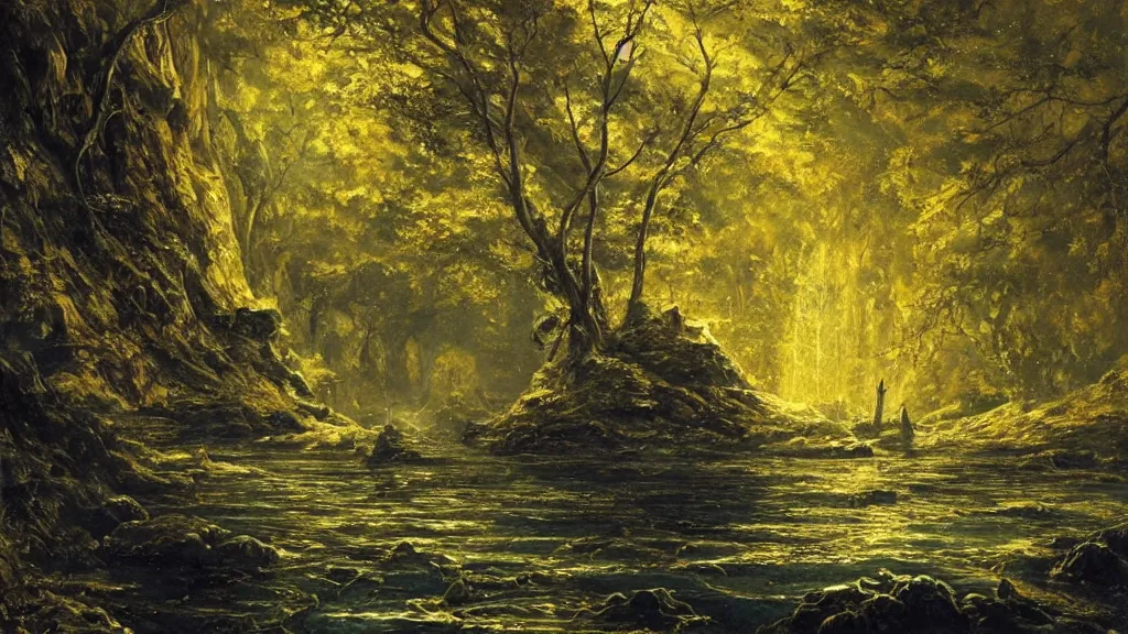 Image similar to A beautiful, highly detailed, very realistic oil painting of a single tree with lots of golden and bright glowing green leaves, next to a small river made of pure gold in the middle of a huge, very dark cave, with lots of dark grey rocks, oil painting by Greg Rutkowski.