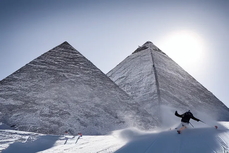 Prompt: A skier skiing down a snowy pyramid, dynamic sport shot, award winning photo, 8K