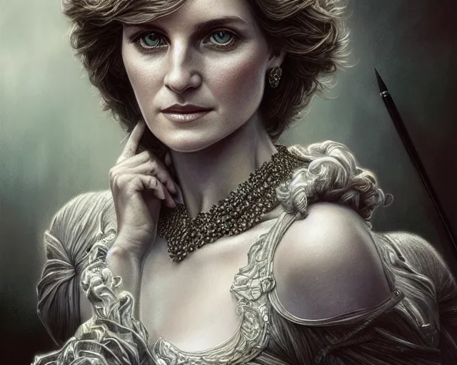 Image similar to photography of laurie lipton, deep focus, d & d, fantasy, intricate, elegant, highly detailed, digital painting, artstation, concept art, matte, sharp focus, illustration, princess diana, art by artgerm and greg rutkowski and alphonse mucha