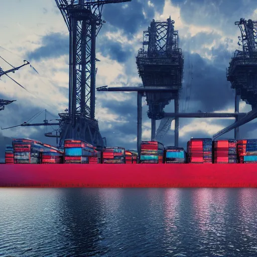 Image similar to photo of Immense industrial futuristic cargo ship arrives at cyber punk city sea port, cinematic lighting, photo