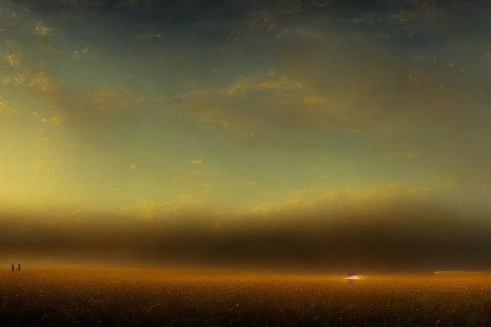 Prompt: sci-fi painting of a large alien city, the closed back view of one humanoid robot on the ground, vast wheat fields, by Ivan Aivazovsky, godrays, atmospheric, cinematic, detailed