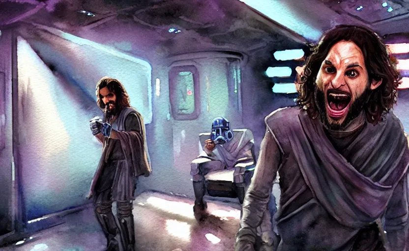 Image similar to an accurate realistic star wars watercolor fantasy concept art of a drug dealer that looks like chris d'elia yelling angrily in a sleazy futuristic bar of coruscant, hq, 4 k