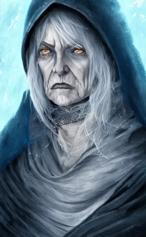 Image similar to an older woman with silver hair and piercing blue eyes. she's wearing a dark, hooded cloak and looks like she knows her way around a sword, dynamic lighting, photorealistic fantasy concept art, trending on art station, stunning visuals, creative, cinematic, ultra detailed