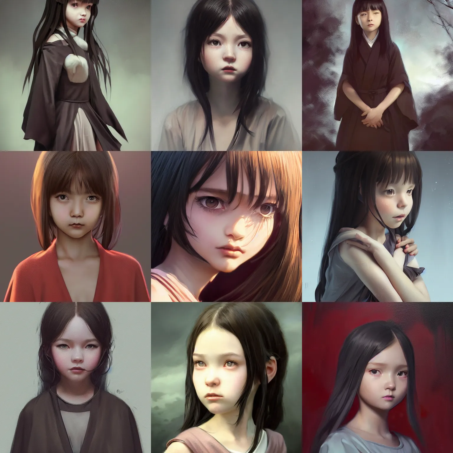 Image similar to realistic style at CGSociety by WLOP,ilya kuvshinov,krenz cushart,Greg Rutkowski,trending on artstation.Zbrush sculpt colored,Octane render in Maya,Houdini VFX.Realistic cute young girl who is dark disciple,expressing joy,wearing robe,silky hair, deep eyes.Oil painting.Cinematic dramatic atmosphere,sharp focus,soft volumetric studio lighting.