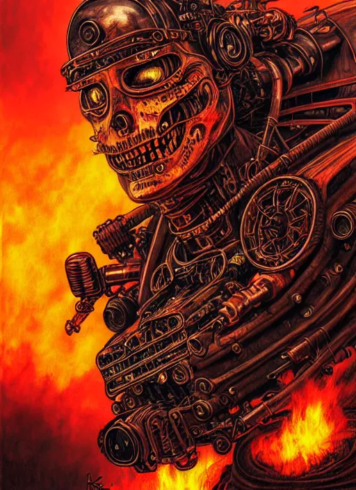 Image similar to portrait of a punk man driving a burning man car, background is on fire, mad max style, warhammer 40000, cyberpunk, intricate, highly detailed, digital painting, artstation, concept art, smooth, sharp focus, illustration, art by Amano and Karol_Bak and artgerm and greg rutkowski and alphonse mucha and Gustav Klimt and Kojima