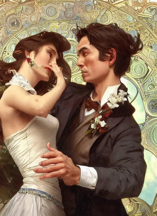 Prompt: an elegant couple, a man and a woman, having an argument. they are angry, pointing at each other. close up on beautiful highly detailed faces. painting by artgerm and greg rutkowski and alphonse mucha