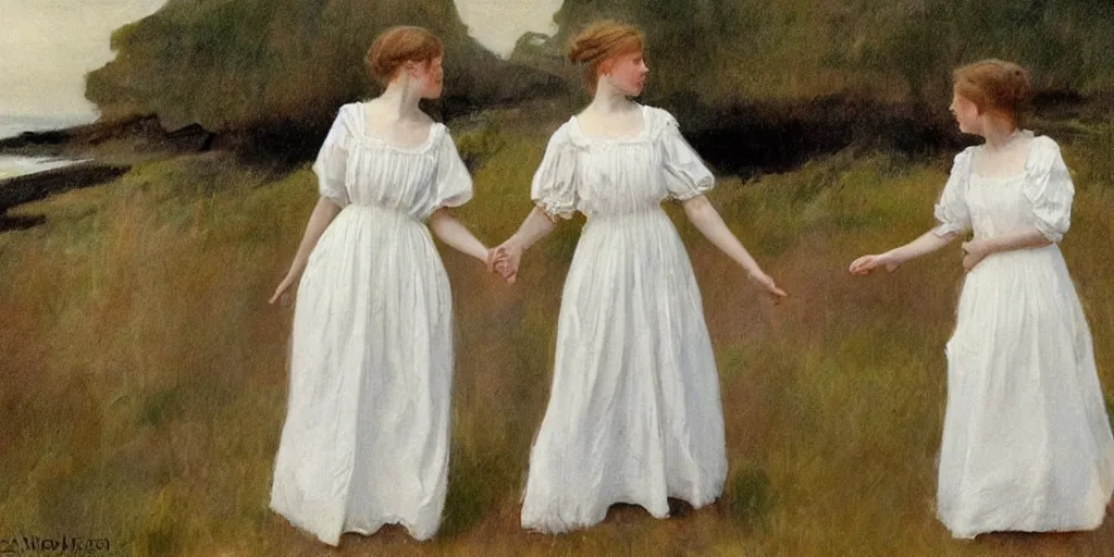 Prompt: two young edwardian women wearing white dresses hold hands on a beach in Sweden, in the style of Anders Zorn